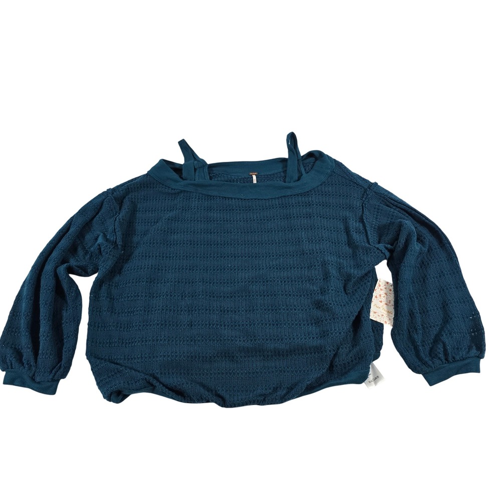 Free People Teal Treasure Layered‎ Open Knit Balloon Sleeve Top OB967835 Size M